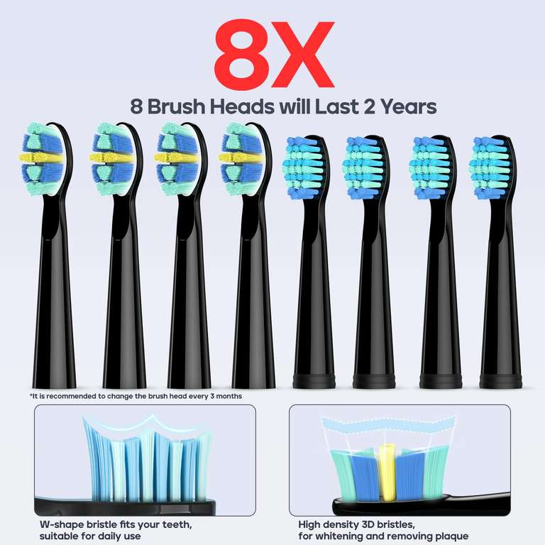 Rechargeable Power Toothbrush with 8 Brush Heads, Sonic Toothbrushes 40,000 VPM, 5 Cleaning Modes - Sold by seago