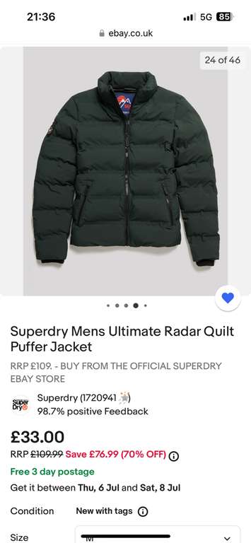 Superdry Mens Ultimate Radar Quilt Puffer Jacket pine (green colour) - £33 @ eBay / Superdry