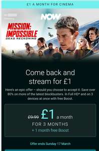 Now TV Sky Cinema for £1 a month for 3 MONTHS + 1 month free Boost (selected accounts via email)