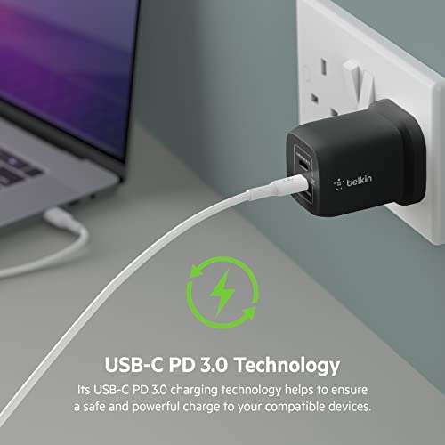 Belkin 65W Dual USB Type C Wall Charger, Fast Charging Power Delivery 3.0 with GaN Technology