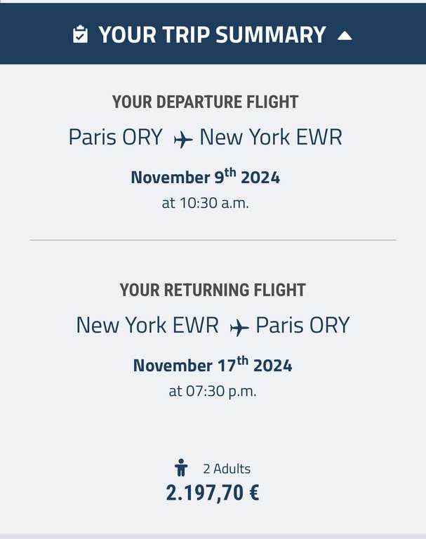 Business class return flights Paris to New York £950pp