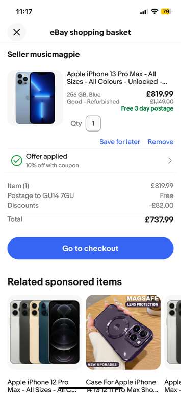 Apple iPhone 13 Pro Max - 128GB - All Colours - Unlocked - Refurbished (Good) - £710.99 with code by Music Magpie @ eBay (UK Mainland)