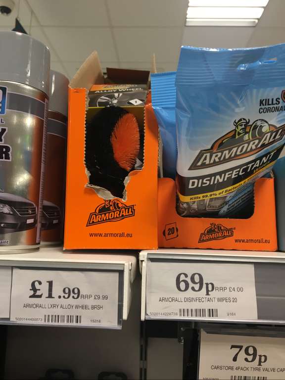 Armour All Luxury Alloy Wheel Brush £1.99 / Disinfectant Wipes 69p / Protectant Wipes 99p @ Home Bargains, Lowestoft.