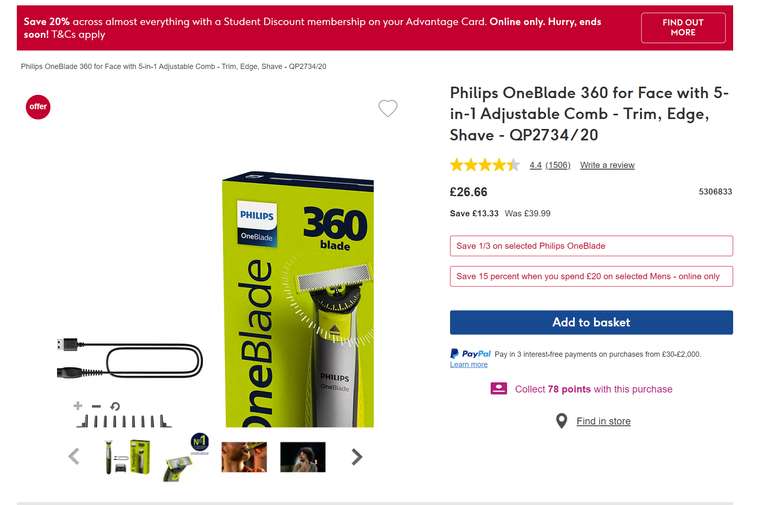 Philips OneBlade 360 for Face with 5-in-1 Adjustable Comb - QP2734/20 £22.66 With Click & Collect @ Boots