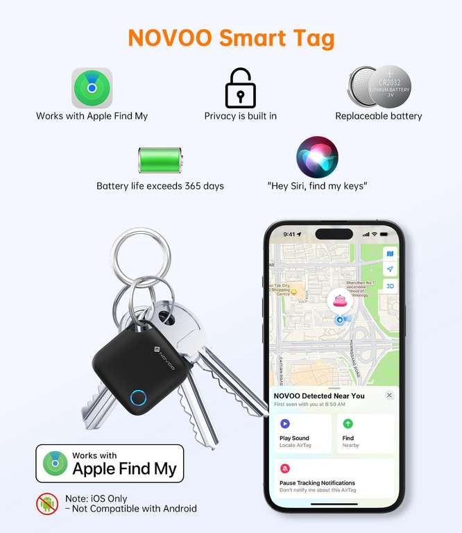 NOVOO Smart Tag for Apple Find My (iOS Only), Loud 80dB Alarm Item ...