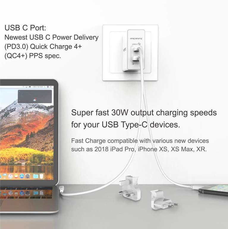 ARCANITE Premium USB Wall Charger, USB-C PD 3.0/QC4+ PPS (30W), SFC and USB-A QC 3.0(18W), for US/UK/EU