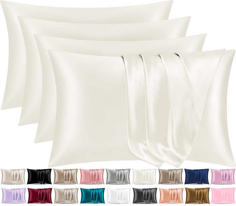 Pamposh Satin Silk Pillowcases 4 Pack Standard Size with Envelope Closure (50 x 75 cm), Ivory White @ Montone / FBA