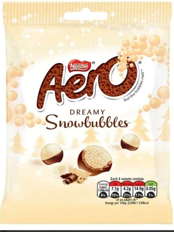 Nestlè Aero Dreamy Snowbubbles 80g bag, 69p each or 2 for £1 Heron Foods Merseyside.