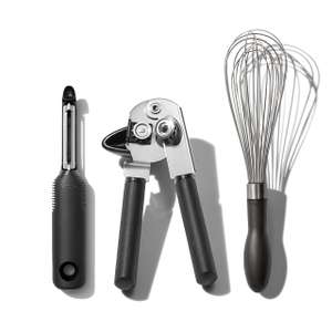 OXO Good Grips 3-Piece Everyday Kitchen Tool and Utensil Set, Swivel Peeler, Can Opener, Whisk