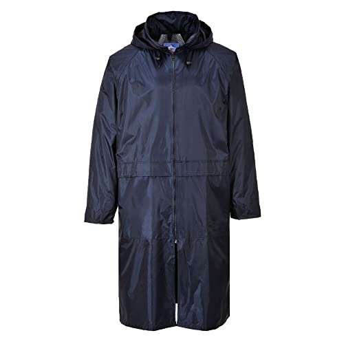 Portwest S438 Men's Lightweight Waterproof Classic Raincoat Long Rain Jacket Navy, Large