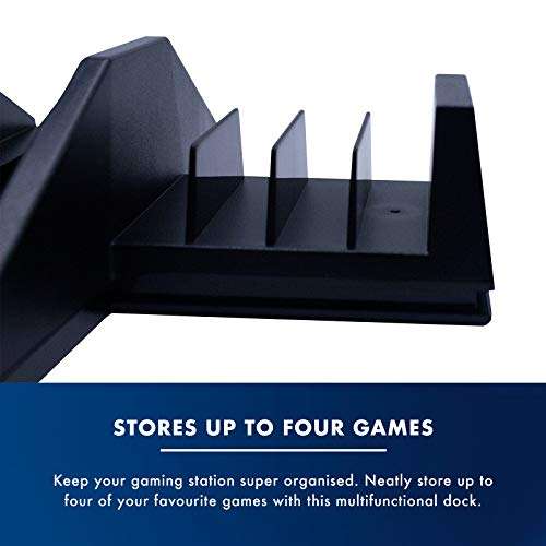 Numskull PS4 Console Stand with Cooling Fan, DualShock 4 Controller Charger Dock, Storage for 4 Games