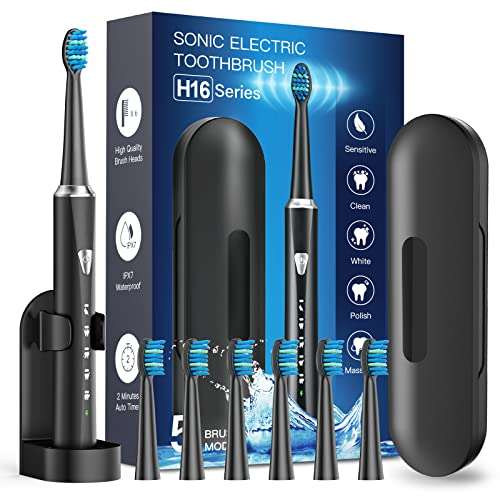 Electric Sonic Toothbrush Rechargeable for Adults with 5 Modes & 6 Replacement Head £9.99 (Black / Pink / White) @ Amazon