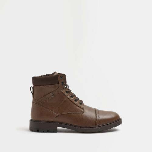 Mens Brown Wide Fit Lace Up Side Zip Boots - River Island