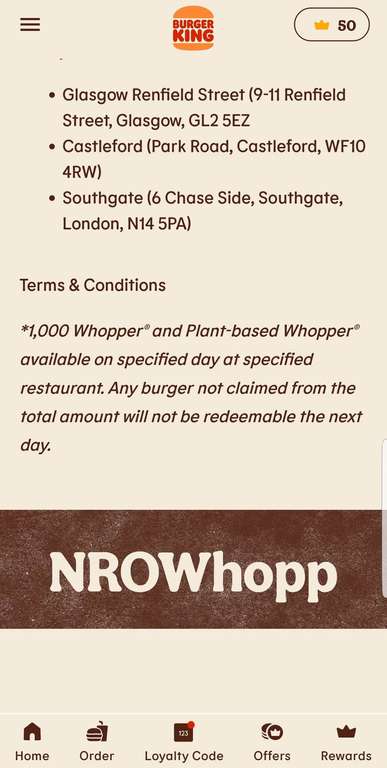 Free Whoppers / Plant-Based Whoppers: Wed 22 Mar - 5 Apr @ Burger King (Glasgow x2, Gretna, Walton, York, Castleford, Southgate Enfield)