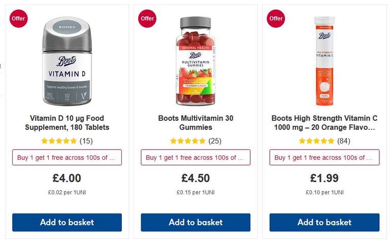 Buy 1 Get 1 Free across 100s of vitamins and supplements (Online only) + Free Click & Collect on £15 Spend (otherwise £1.50) @ Boots