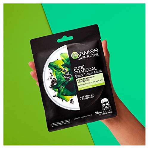Garnier Charcoal and Algae Purifying Tissue Mask, Hydrating Tissue Face Sheet Mask for Enlarged Pores Pack of 5 - £8.15 @ Amazon