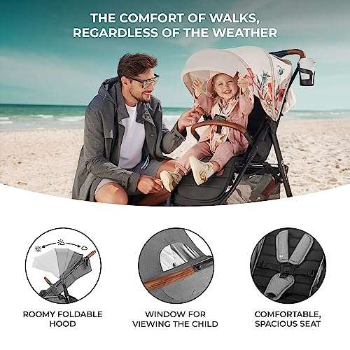 Kinderkraft GRANDE PLUS Stroller pushchair for toddlers from Birth to 22 kg, Extra-large hood, Lie-flat position, Gray