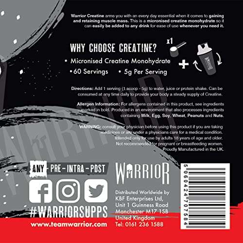 Warrior, Creatine Monohydrate Powder 300g - Micronised for Easy Mixing - Savage Strawberry - £11.35/£8.96 S&S