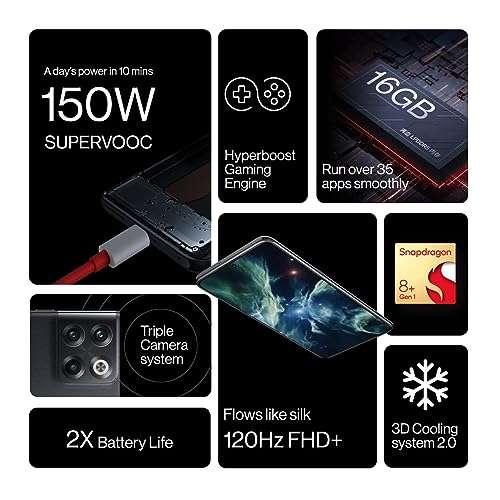 OnePlus 10T 5G (UK) 8GB RAM 128GB Smartphone, 150W SUPERVOOC, 50MP - Moonstone Black [UK version] / 256GB 16GB £498