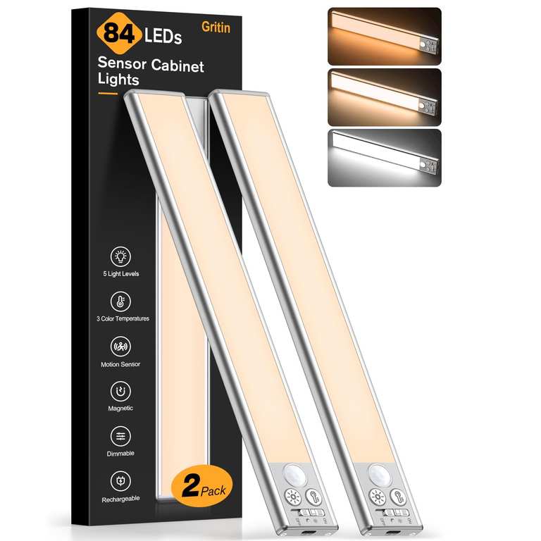 Gritin Under Cabinet Kitchen Lighting, Rechargeable 2 Pack - 3 Colour Temps | 5 Level Brightness - Sold by Flying-Store / FBA