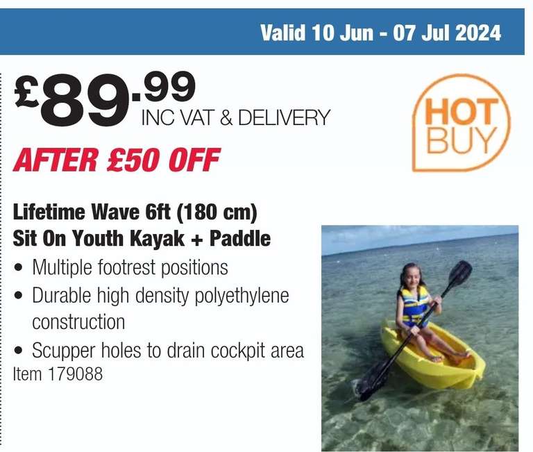 Grab the Lifetime Wave 6ft Youth Kayak + Paddle for £89.99 at Costco