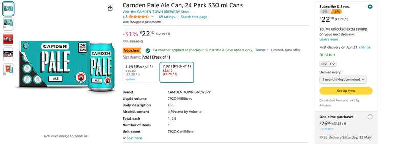 Camden Pale Ale Can, 24 Pack 330 ml Cans (with voucher) - £18.10 S&S + voucher