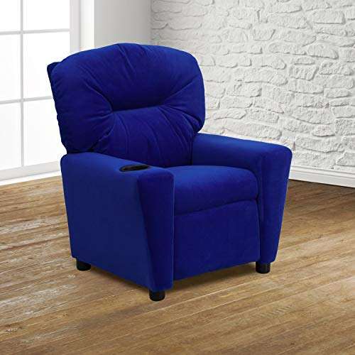 Flash Furniture Contemporary Microfiber Kids Recliner with Cup Holder, Wood, Blue, 66.04 x 53.34 x 53.34 cm