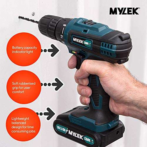 MYLEK MY18BCM1 Cordless Drill 18V, 1300 mAh Li-Ion Driver 28Nm, 2 Speed, LED Work Light, Carry Case with Accessory Kit £39.99 @ Amazon