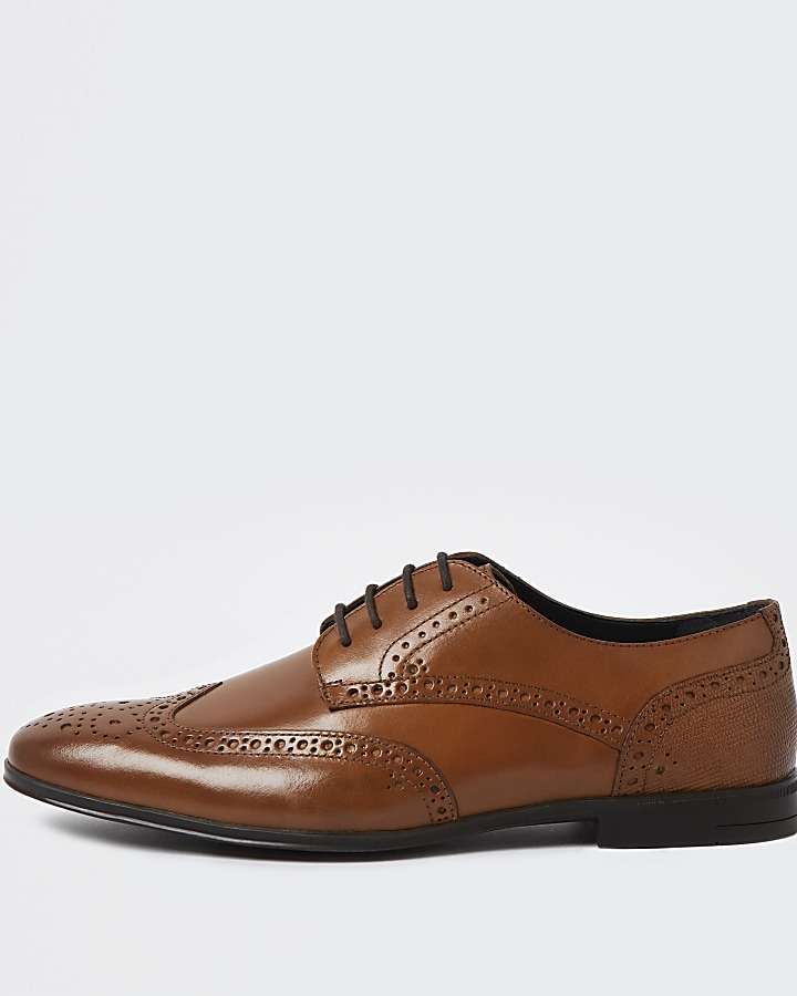 Wide Fit Leather Brogue Derby Shoes in Brown at River Island, Only £25. ...