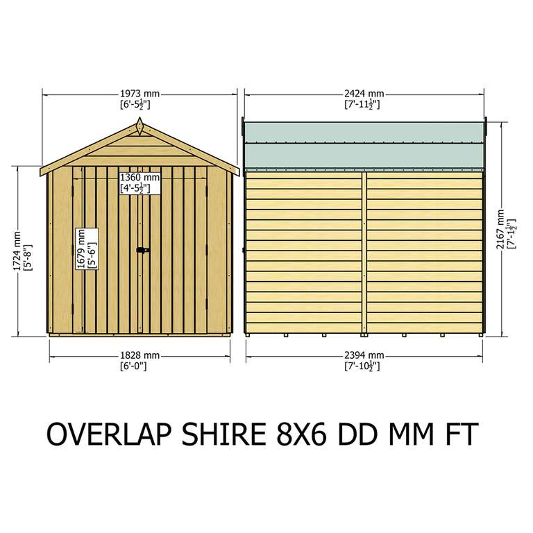 Shire 8 x 6 ft Double Door Dip Treated Wood Overlap Shed Now half price + free delivery