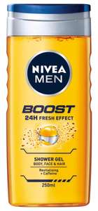 4 x NIVEA MEN BOOST Shower Gel (250ml), Moisturising Body Wash with Naturally Sourced Caffeine, All-in-1 - £4.42 or less with Sub & Save