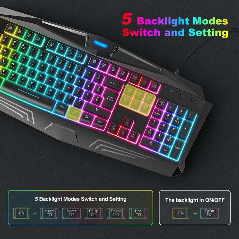TECKNET Gaming Keyboard, Rainbow LED Backlit Mechanical Feeling USB Wired Gaming Keyboard W/voucher - TECKNET FBA
