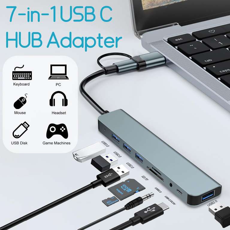 USB C Adapter 8 in 1, USB-C Hub with 4USB A, USB-C Data Ports, SD/TF Card Reader, 3.5mm Headphone Jack - baolongking FBA
