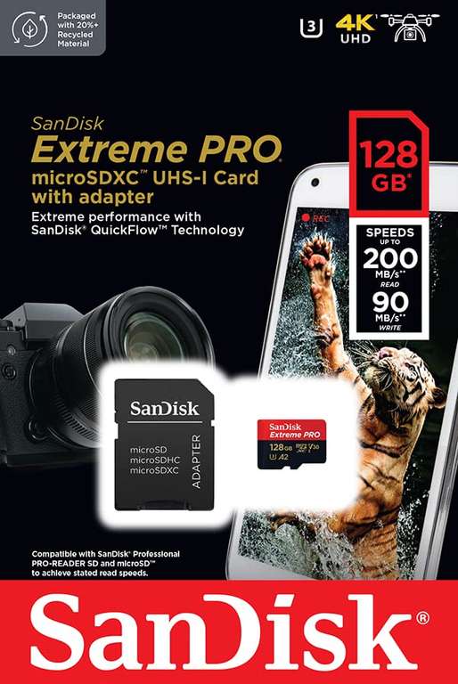 Sandisk - Cards Extreme Pro Microsdxc 128Gb+Sd Adapter 200Mb/S 90Mb/S A2 C10 V3 - £19.99 @ Amazon