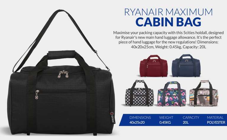 5 Cities (40x20x25cm) Ryanair Maximum Hand Luggage Holdall Flight Bag, Under Seat Cabin Holdall £11.99 @ Travel and Luggage Cabin Bags