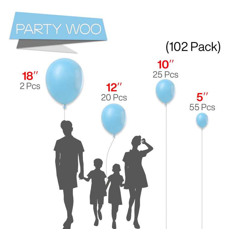 Light Blue Balloons (Matte), 102 pcs, Different Sizes Pack of 18/ 12 / 10 / 5 Inch for Garland, Arch, Party Decorations sold by PartyWoo/FBA
