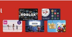 20% off gift cards - Pizza Hut - Candy Crush / 15% off gift cards Vue - Odeon - Lastminute.com - boohooMAN - H&M - Roblox