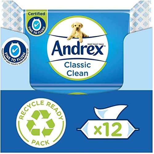 Andrex Classic Clean Washlets - 12 Packs - Flushable Toilet Tissue Wet Wipes with Micellar Water - Biodegradable £12 / £10.80 S&S @ Amazon