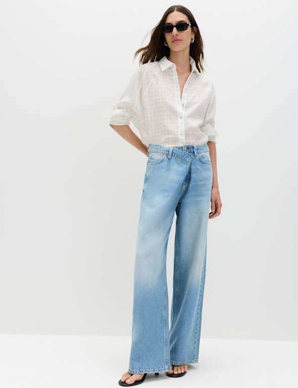 M&S women's Cotton Rich Mid Rise Wrap Front Wide Leg Jeans - sizes 6 to 24 - Free C&C