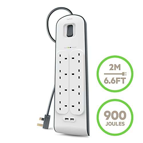 Belkin Extension Lead with USB Slots x 2 (2.4 A Shared), 8 Way/8 Plug Extension, 2m Surge Protected Power Strip - White £21.99 @ Amazon