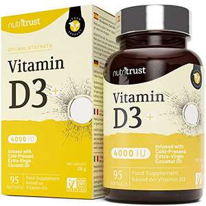 Vitamin D3 4000 IU, Maximum Strength Vitamin D Supplement, 95 Softgels - 3 Months Supply, Gluten Free - £3.49 / £3.14 S&S @Nutritust/Amazon