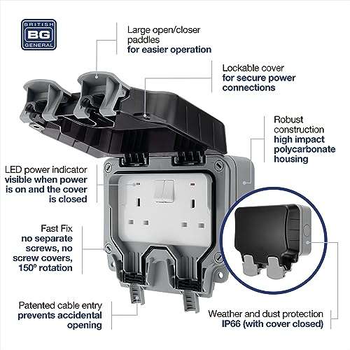 BG Electrical Double Outdoor Switched Socket, IP66 Rated