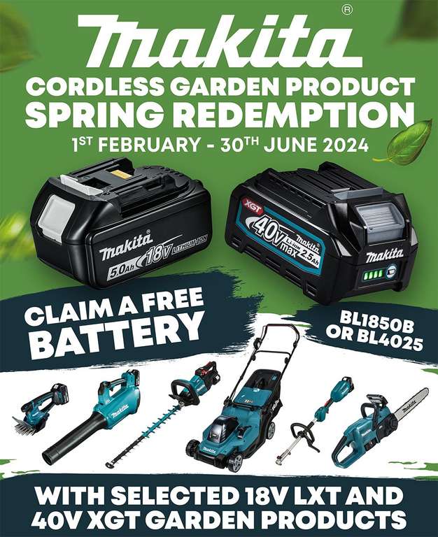Claim Free Makita Battery With Purchase of Selected Garden Tools @ Makita
