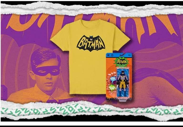 Batman CLASSIC 60s era T-Shirt + Action Figure Bundle, All Sizes Available DC