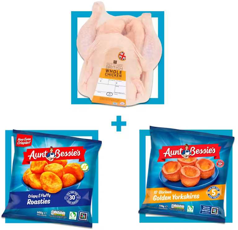 Roast Chicken Meal Deal - Whole Chicken, Aunt Bessie Roast Potates and Yorkshire Puddings - Members Price - With Code