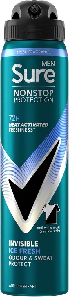 Sure Men Nonstop Protection Invisible Ice Fresh Deodorant Body Spray 250ml (£1.53 S&S)