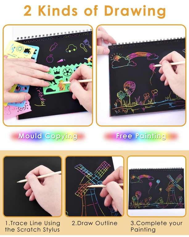 Kids A4 Rainbow Scratch Book with Dinosaur Bookmarks, Stencils, Wooden Stylus and Colorful Ribbons Sold by BROTOU-EU FBA - Prime Exclusive