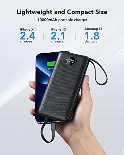 VRURC 10000mAh Power Bank With Built in Cables,USB C Battery Pack Portable Charger with 5 Outputs 2 Inputs Sold by VRURC-UK