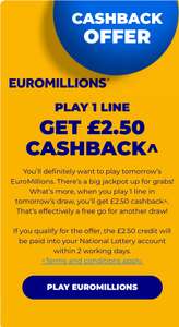 Get £2.50 Cashback on One Euromillion Ticket for Tomorrow (Selected Accounts)