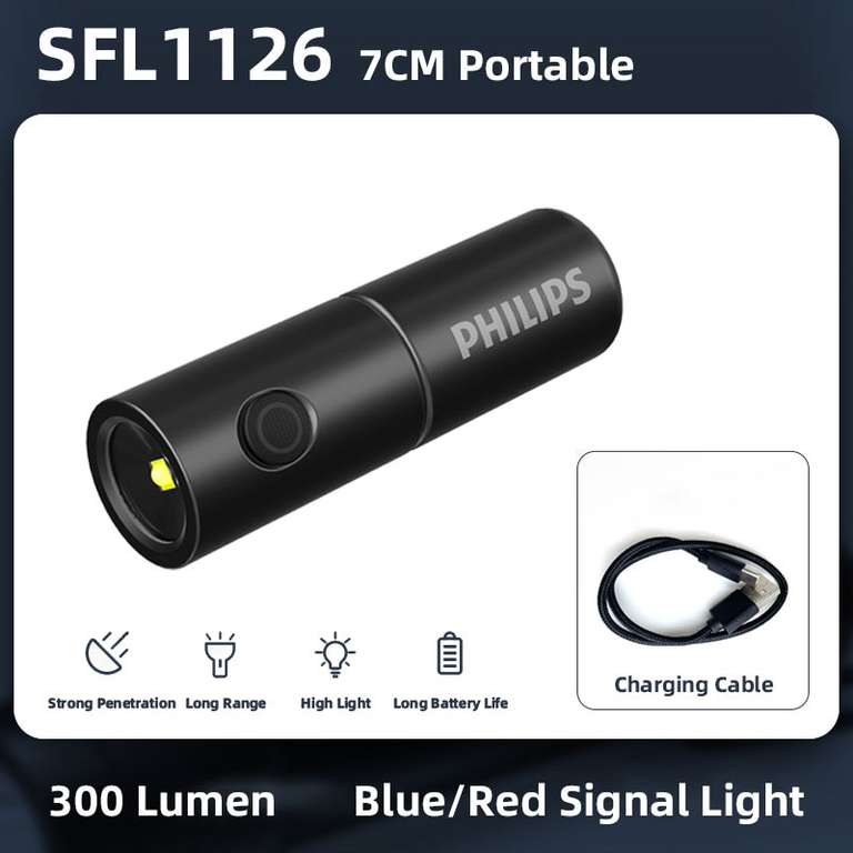 Philips SFL1126 Rechargeable Mini Portable Flashlight 300 Lumens/200 mAh/hidden USB C Cable £3.61welcome deal/£8.14 existing@ GeForest Store